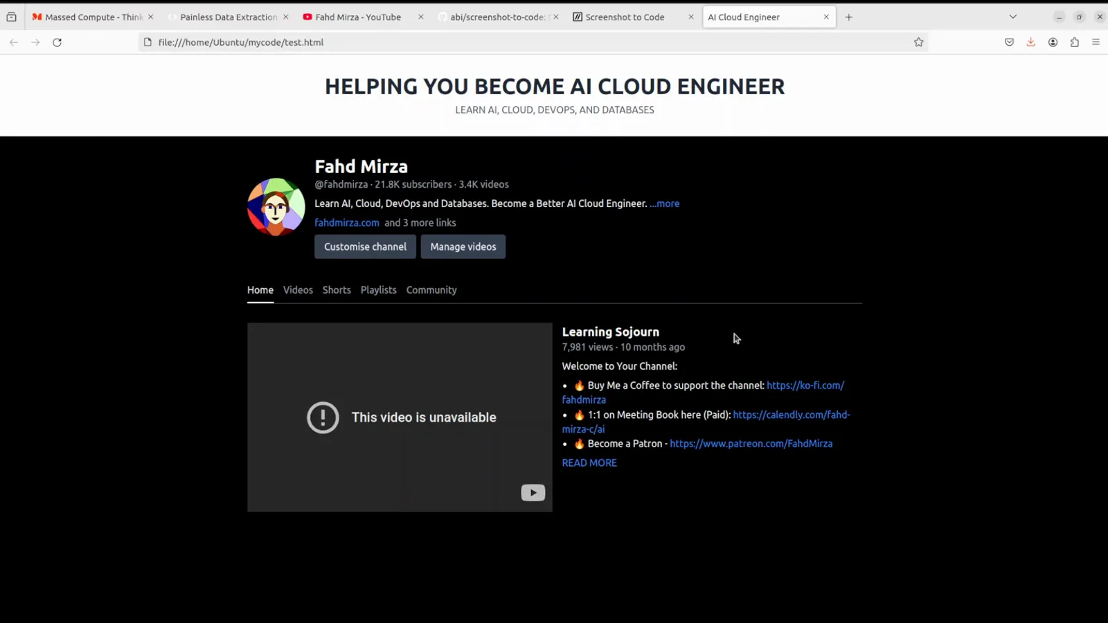 The generated markup opened as a plain local file at file:///home/Ubuntu/mycode/test.html, showing the rebuilt HELPING YOU BECOME AI CLOUD ENGINEER page with no server behind it The generated markup opened as a plain local file at file:///home/Ubuntu/mycode/test.html, showing the rebuilt HELPING YOU BECOME AI CLOUD ENGINEER page with no server behind it