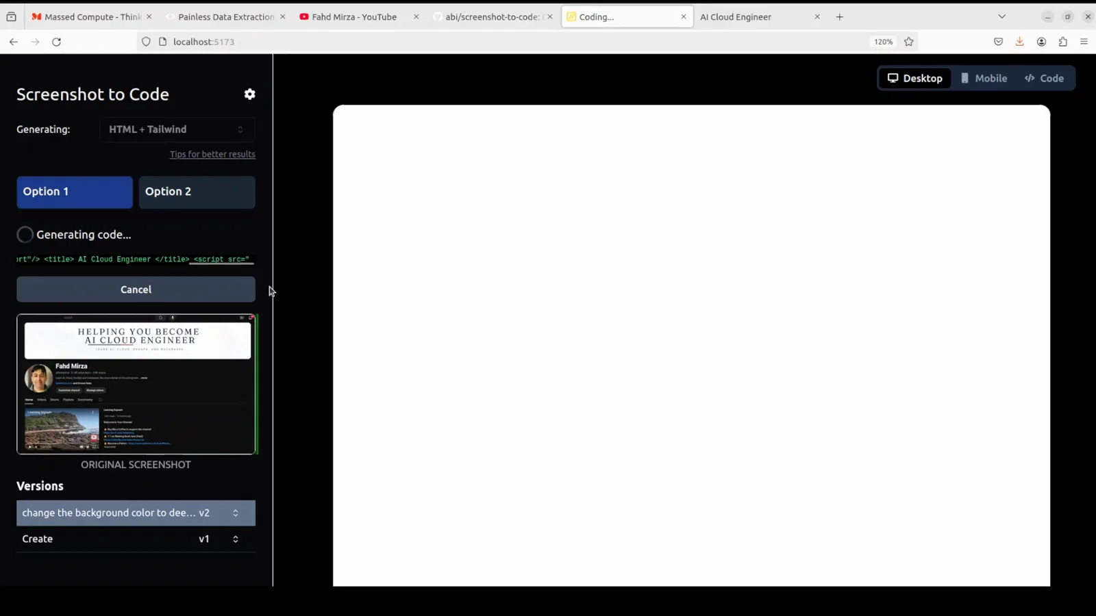 Screenshot to Code Versions list after one refinement, change the background color to deep blue stored as v2 above Create v1 while new HTML streams into the preview Screenshot to Code Versions list after one refinement, change the background color to deep blue stored as v2 above Create v1 while new HTML streams into the preview