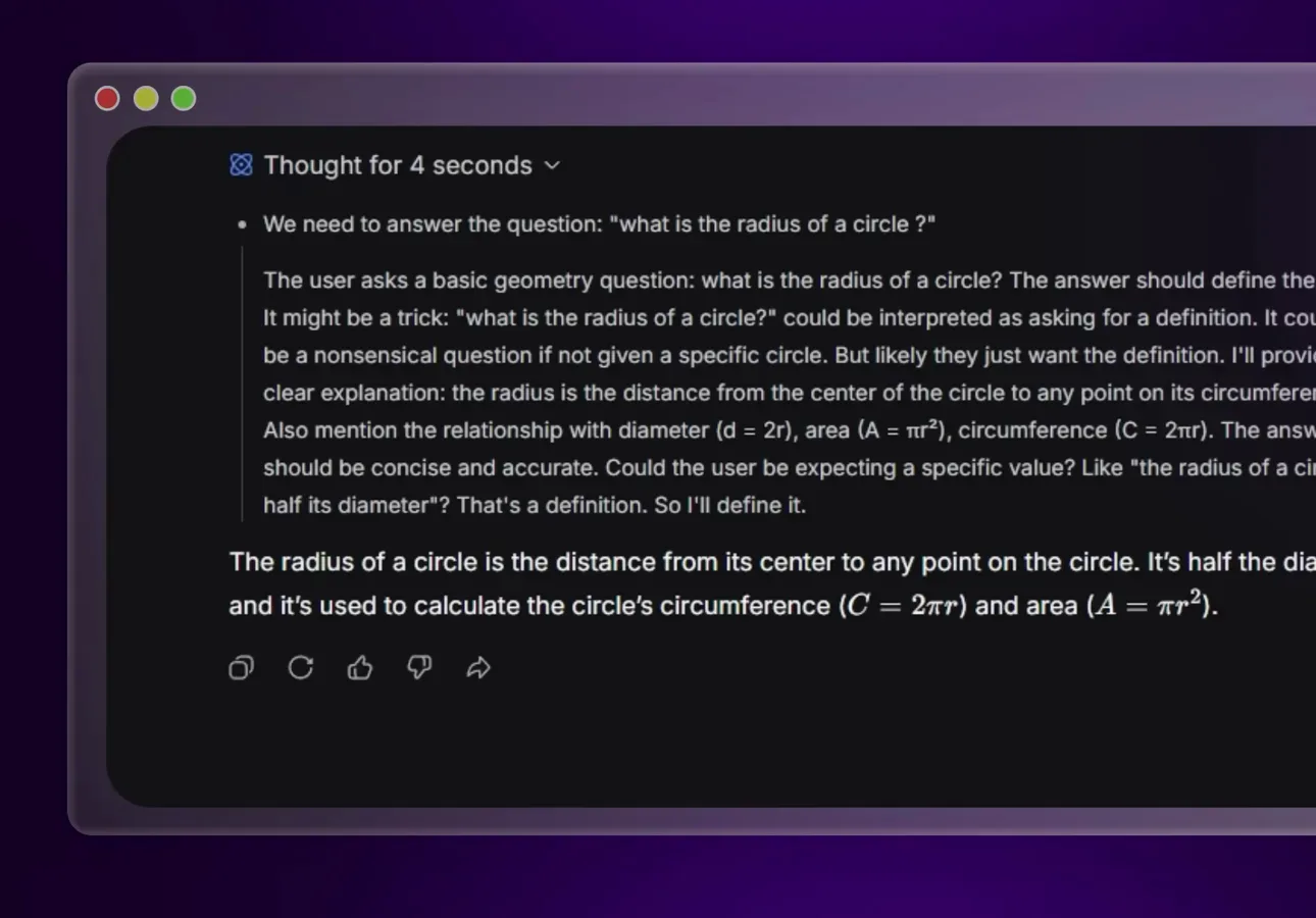 DeepSeek V4 Deep Think answer showing the Thought for 4 seconds chain-of-thought panel above the final radius of a circle explanation