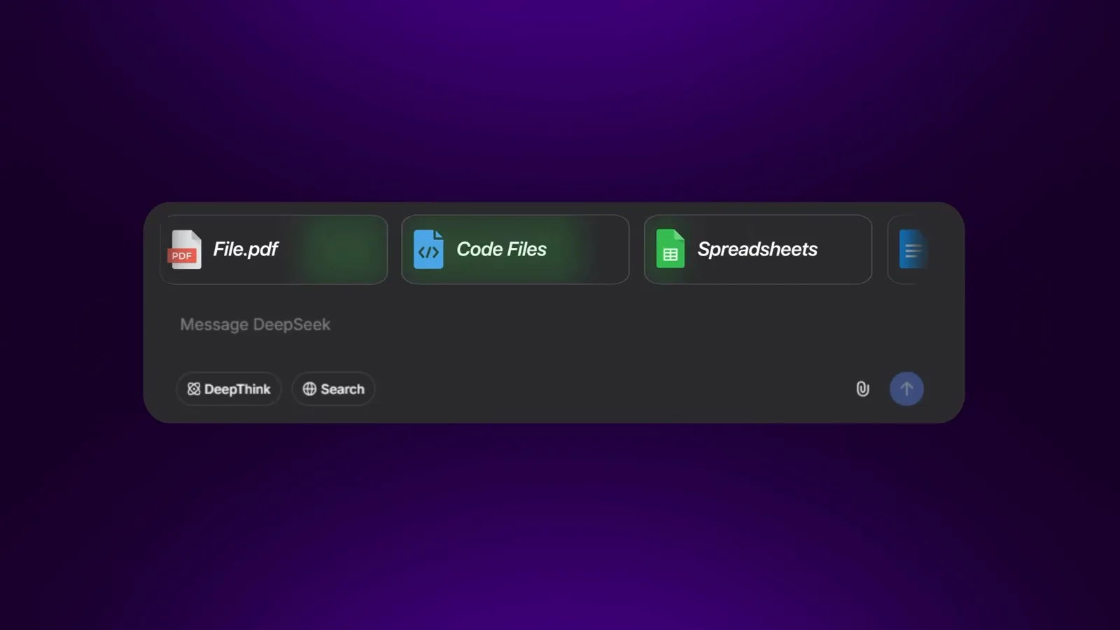DeepSeek V4 upload tray listing File.pdf beside the Code Files and Spreadsheets attachment types above the message box