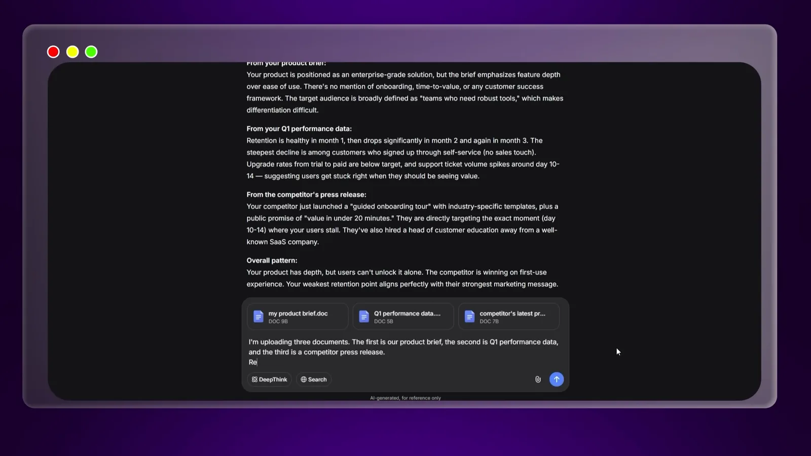 DeepSeek V4 answering a framing message that asks the model to read three uploaded documents and report what it notices first