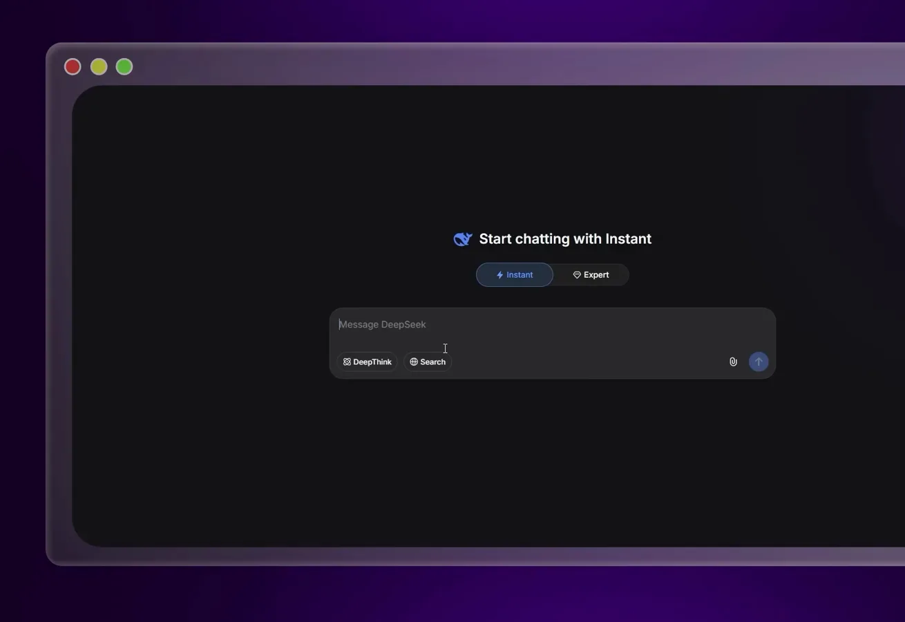 DeepSeek V4 welcome screen at chat.deepseek.com with the Instant chip selected next to the DeepThink and Search toggles