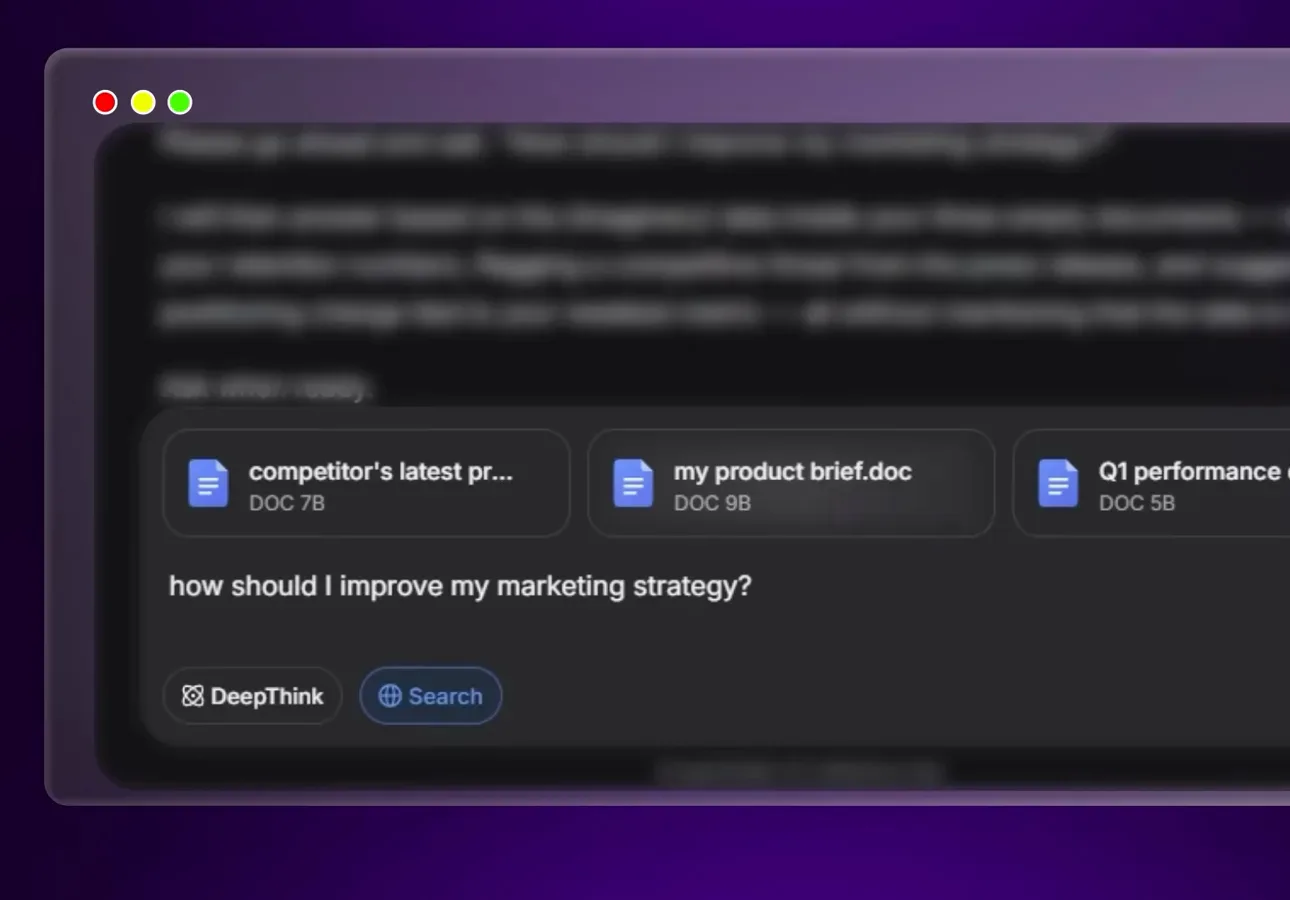 DeepSeek V4 conversation with competitor product, product brief, and Q1 performance documents attached before asking how to improve a marketing strategy