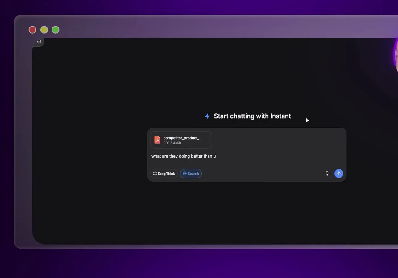 DeepSeek V4 composer with a competitor product PDF attached, Search active, and the question what are they doing better than us typed