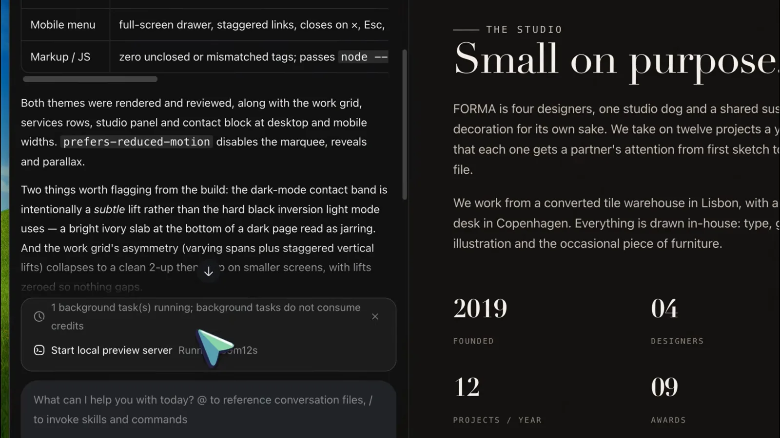 WorkBuddy chat listing the generated index.html artifact with a View all artifacts link, a 1 background task running chip and a Start local preview server status