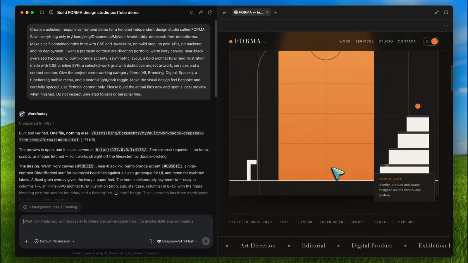 WorkBuddy chat showing the complete FORMA portfolio prompt asking for a warm ivory canvas, burnt-orange accents, working category filters, a mobile menu and a light/dark toggle, with the completed card reporting a single 71 KB index.html previewed locally