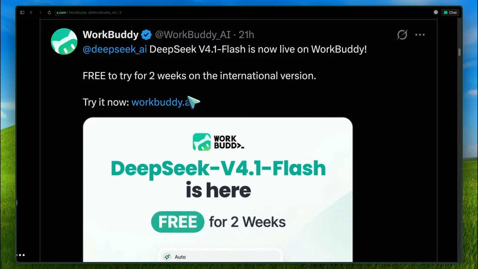 WorkBuddy promo card reading DeepSeek-V4.1-Flash is here, FREE for 2 Weeks, shown under a tweet offering the model free on the international version of the app