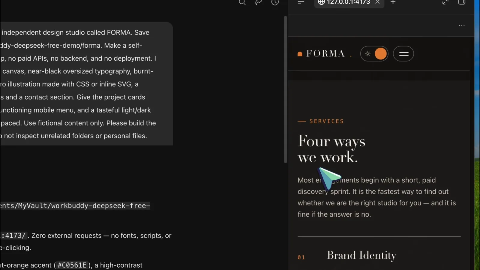 Phone-width preview of the FORMA site showing the hamburger button and orange theme toggle above the Four ways we work services section while the build prompt stays visible in the WorkBuddy chat