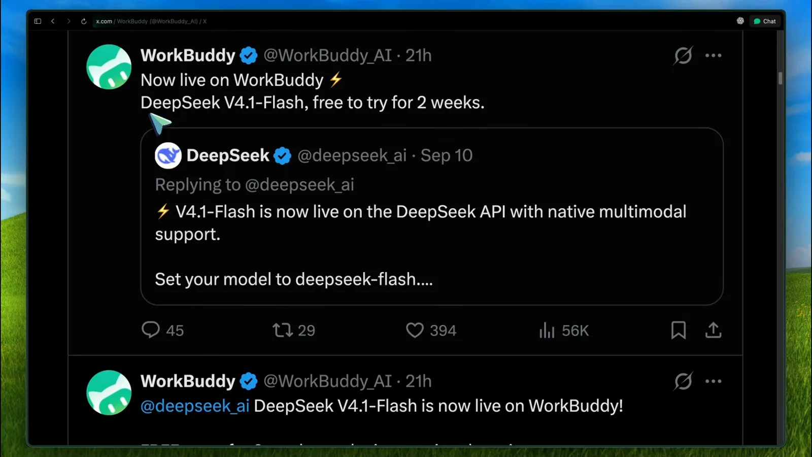 X post from WorkBuddy announcing DeepSeek V4.1-Flash free to try for 2 weeks, quoting the DeepSeek reply confirming V4.1-Flash is live on the DeepSeek API with native multimodal support