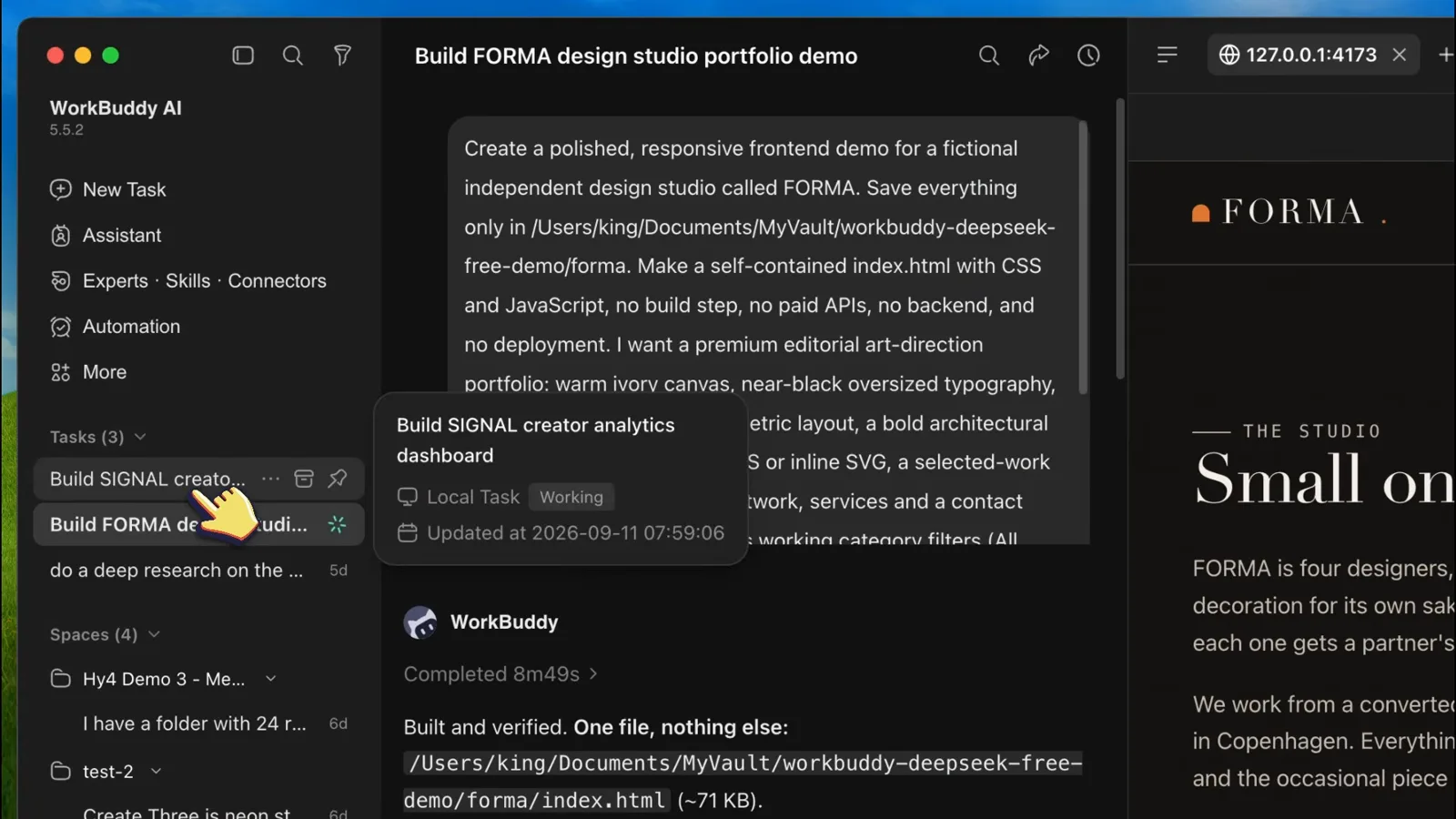Build SIGNAL creator analytics dashboard task in WorkBuddy requesting the installed Impeccable skill, a dark graphite dashboard with acid-lime accents and 7-day 30-day 90-day buttons, above the Completed card and a What was wrong with the tiles self-check