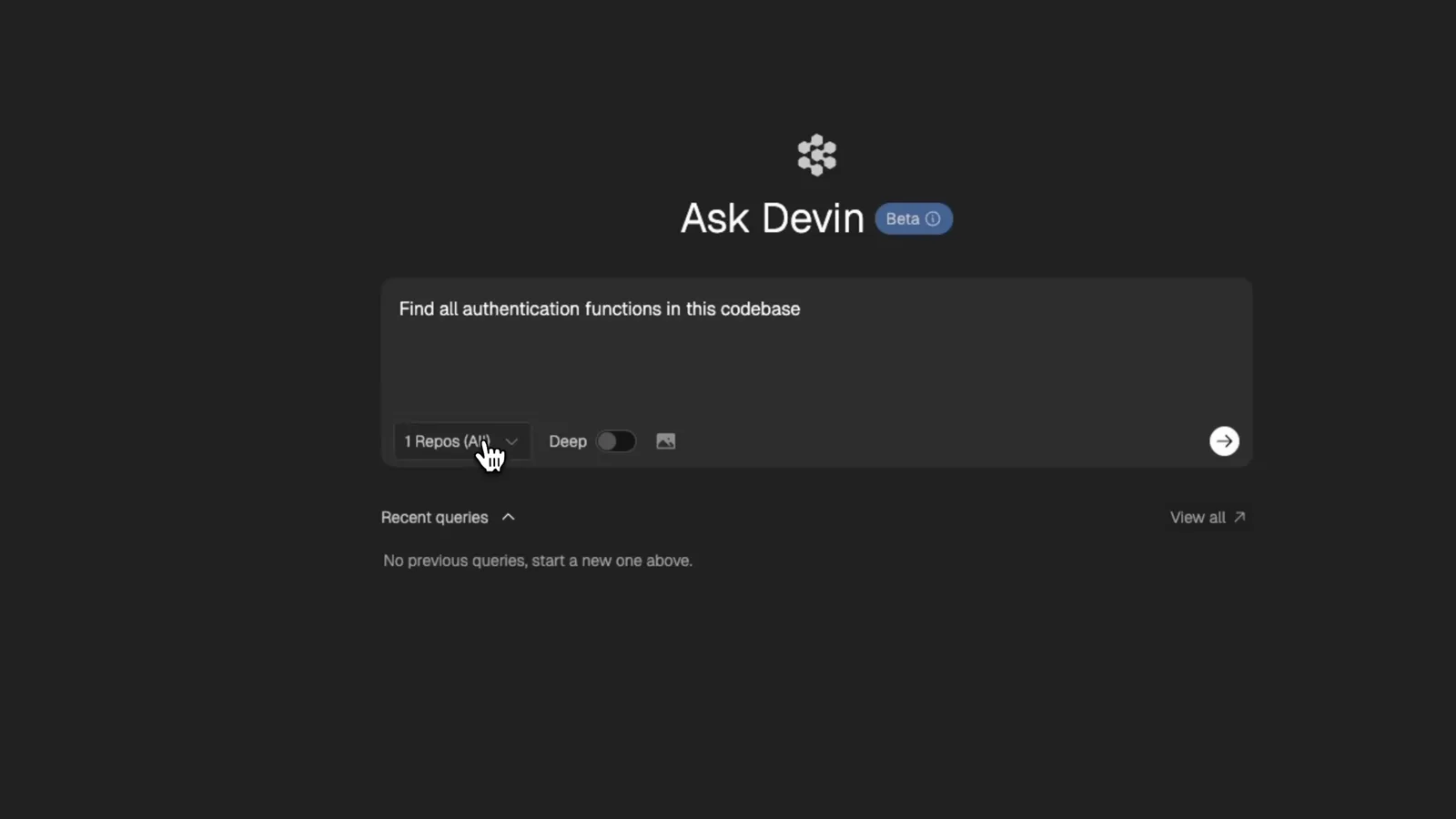 Ask Devin search screen with the query Find all authentication functions in this codebase and the Deep toggle next to the repository selector