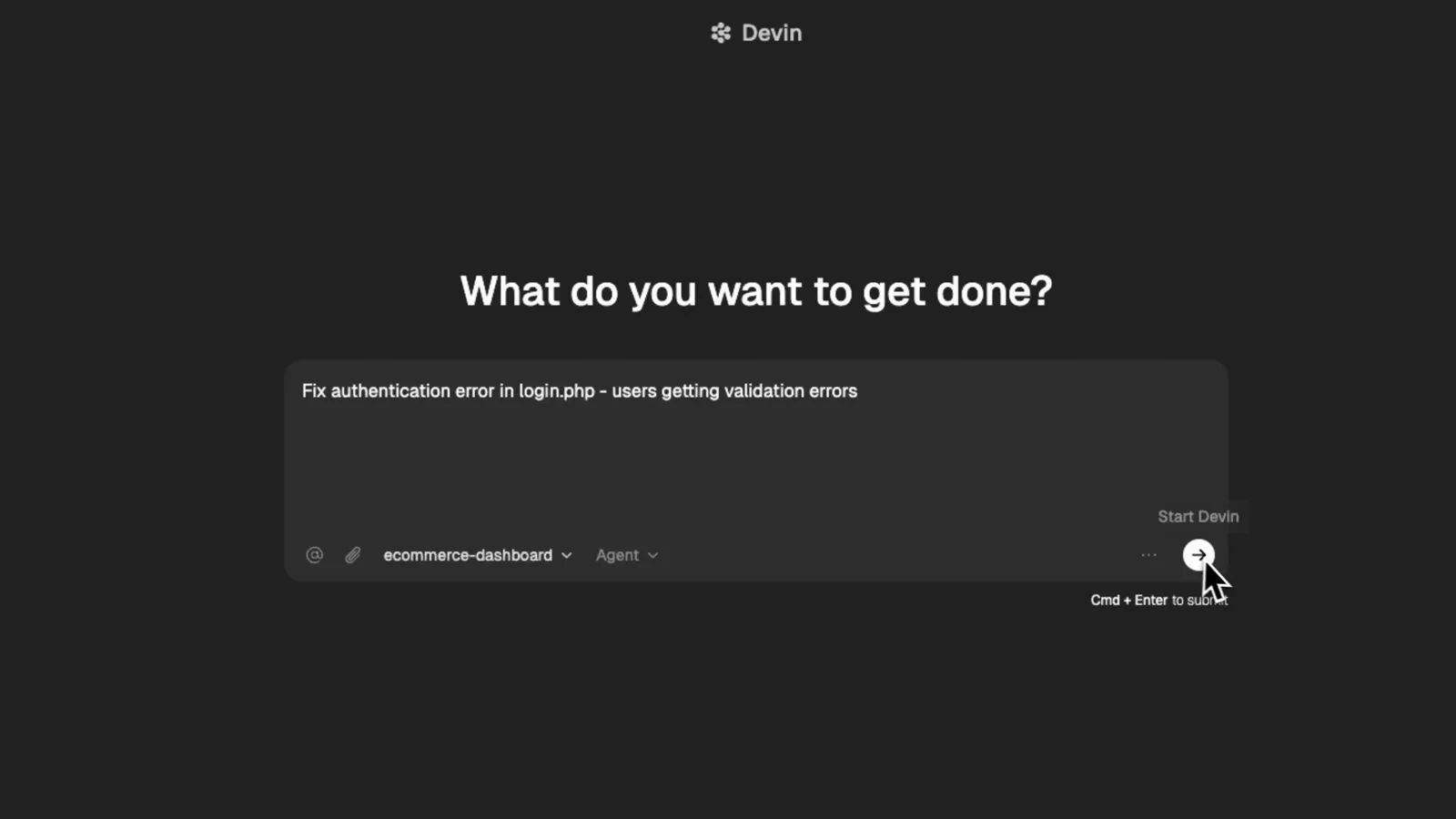 A login.php authentication bug typed into Devin's prompt box with the ecommerce-dashboard repository selected and Cmd+Enter to send