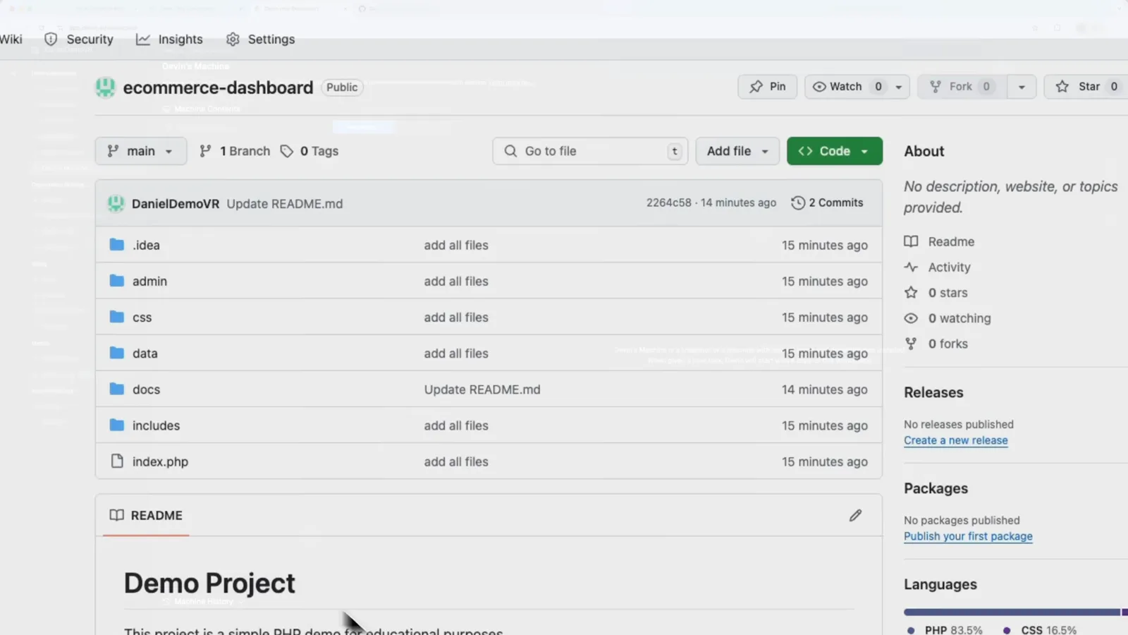 The ecommerce-dashboard PHP repository on GitHub that Devin connects to as the demo project for this tutorial