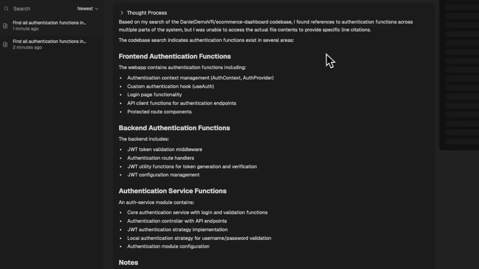 Ask Devin results grouping frontend, backend, and service authentication functions found across the connected repositories