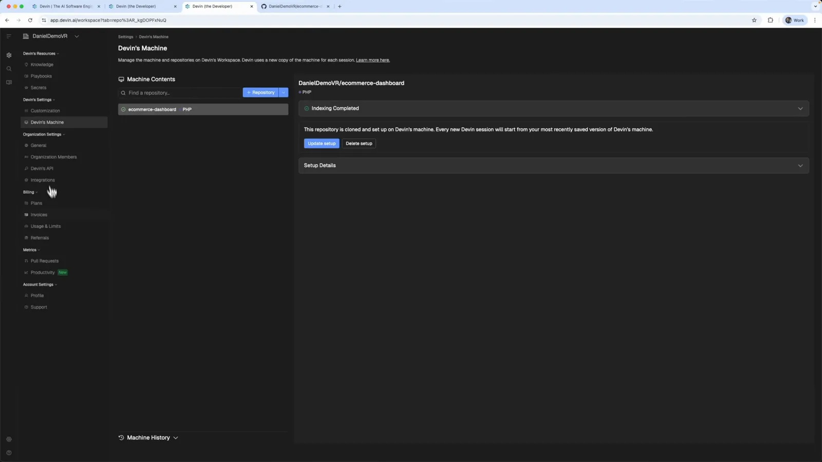 Devin's Machine page confirming indexing completed after the ecommerce-dashboard repository was cloned and set up