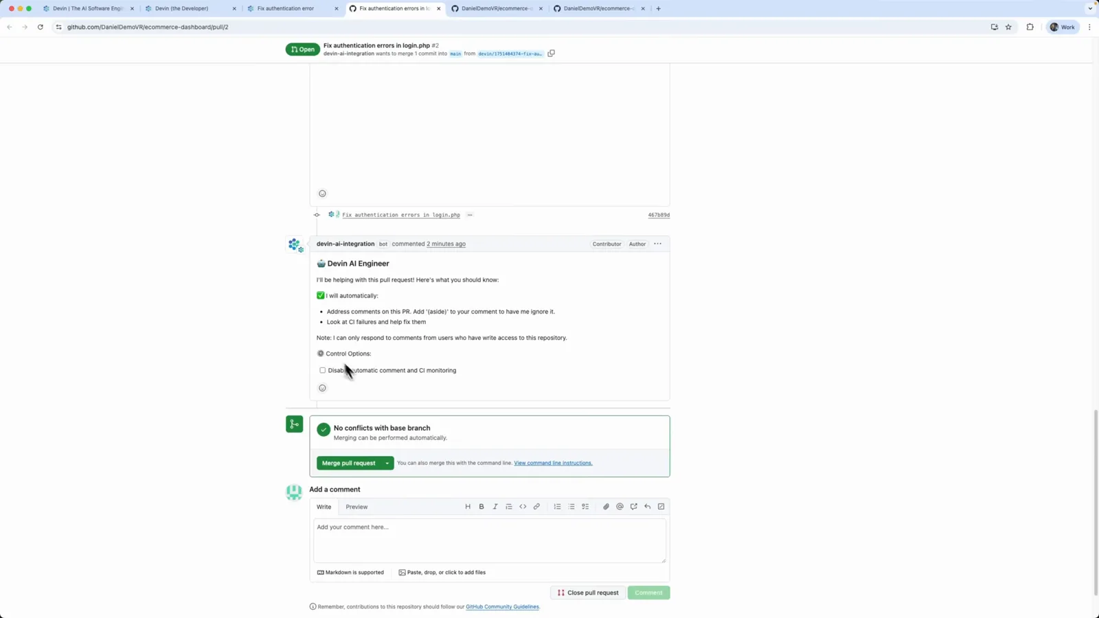 GitHub pull request for the login.php authentication fix showing no conflicts with the base branch and the green Merge pull request button