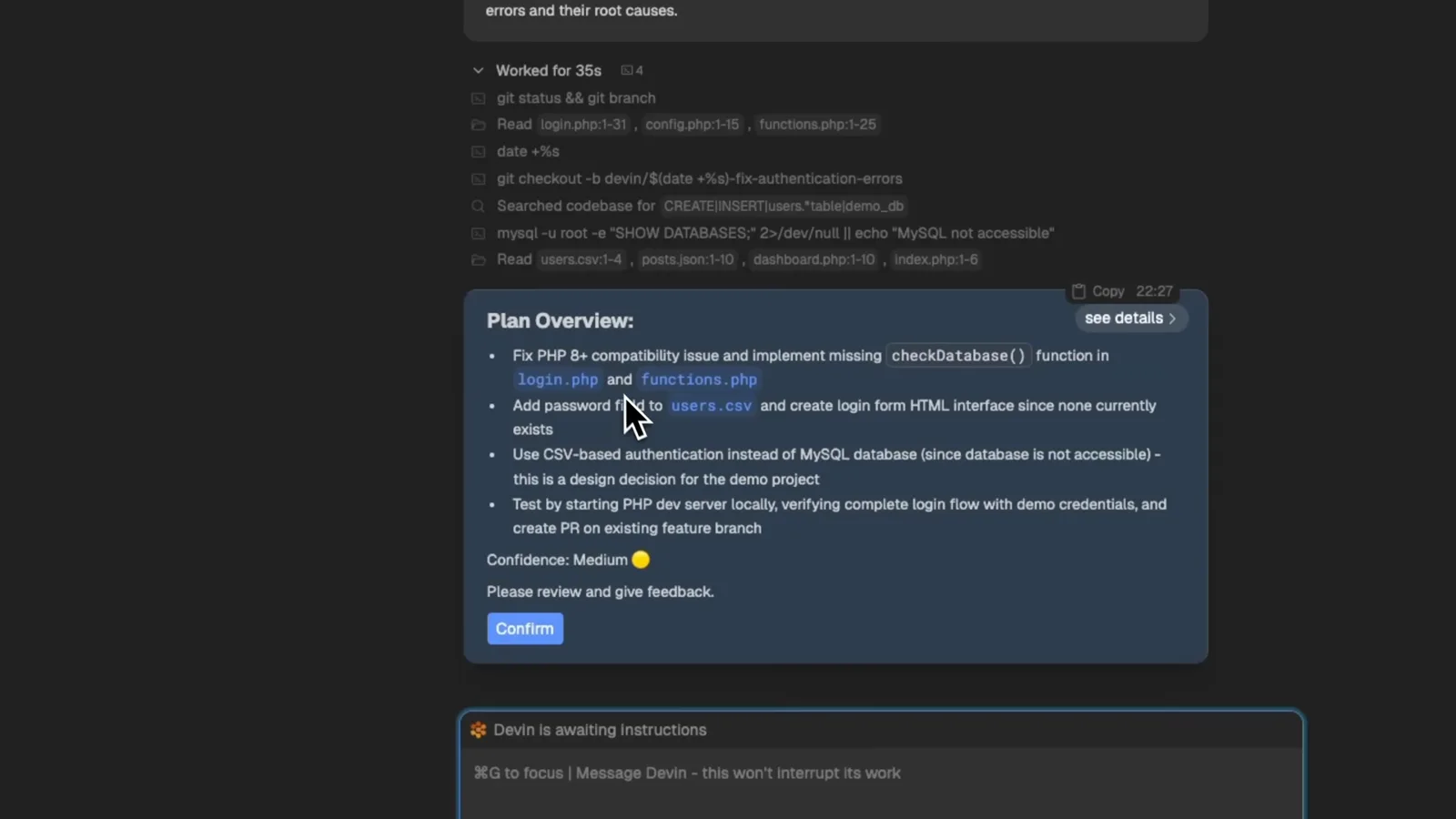 Devin's Plan Overview card listing the PHP 8.x compatibility fix and CSV-based authentication steps with a Confirm button for approval