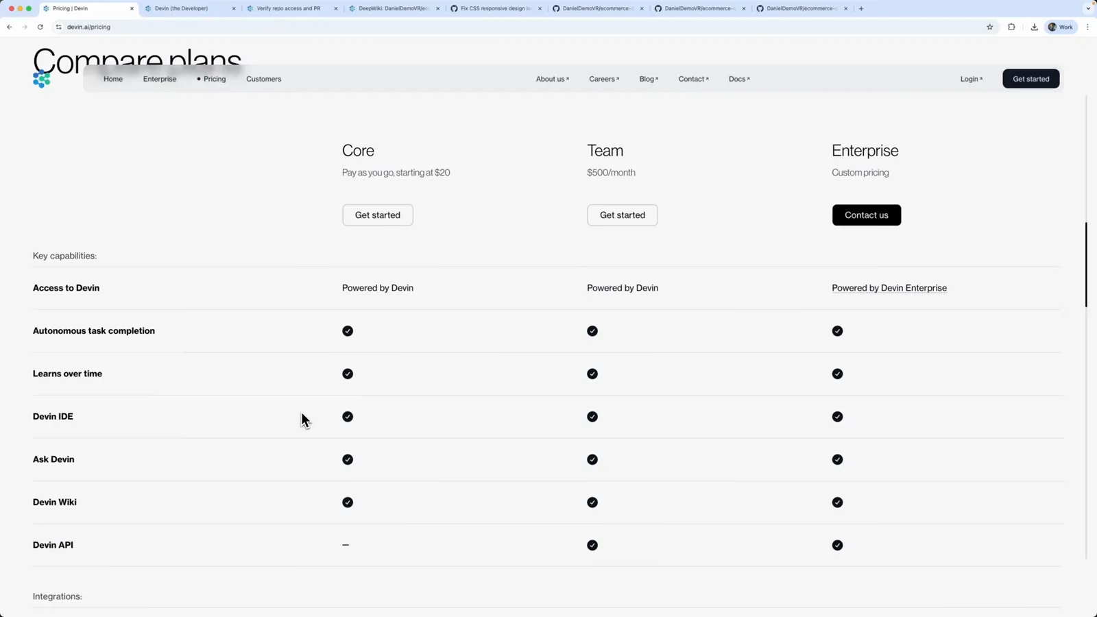 Devin's Compare plans page showing Core with pay-as-you-go ACUs starting at 20 dollars, Team at 500 dollars per month, and custom Enterprise pricing