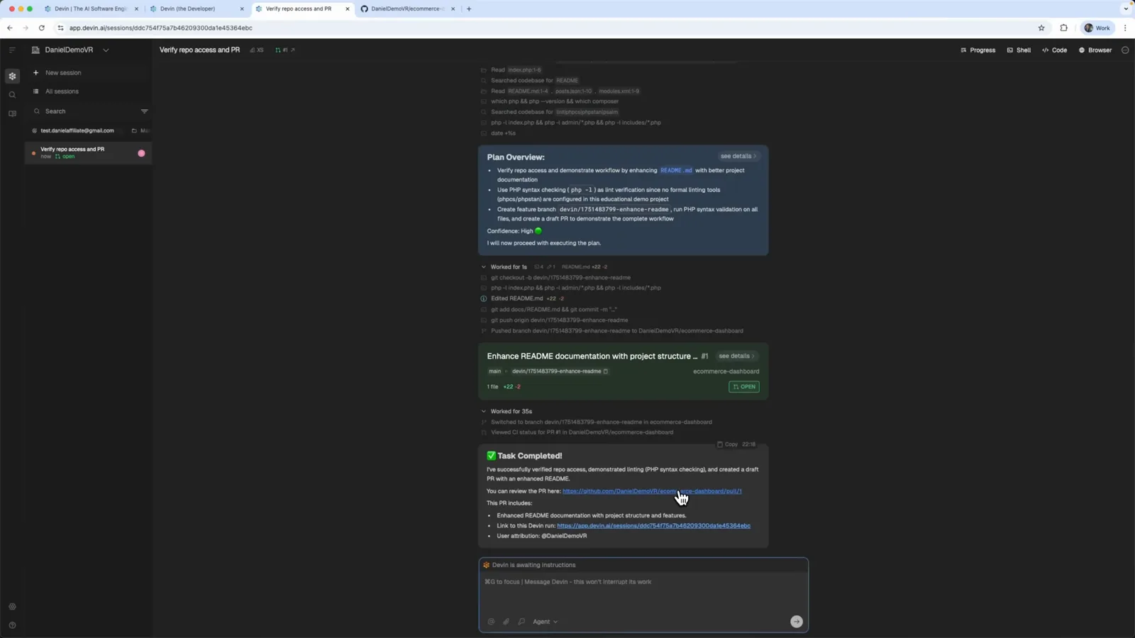 Devin session showing the plan overview, the Enhance README documentation pull request card, and the Task Completed summary with its GitHub link