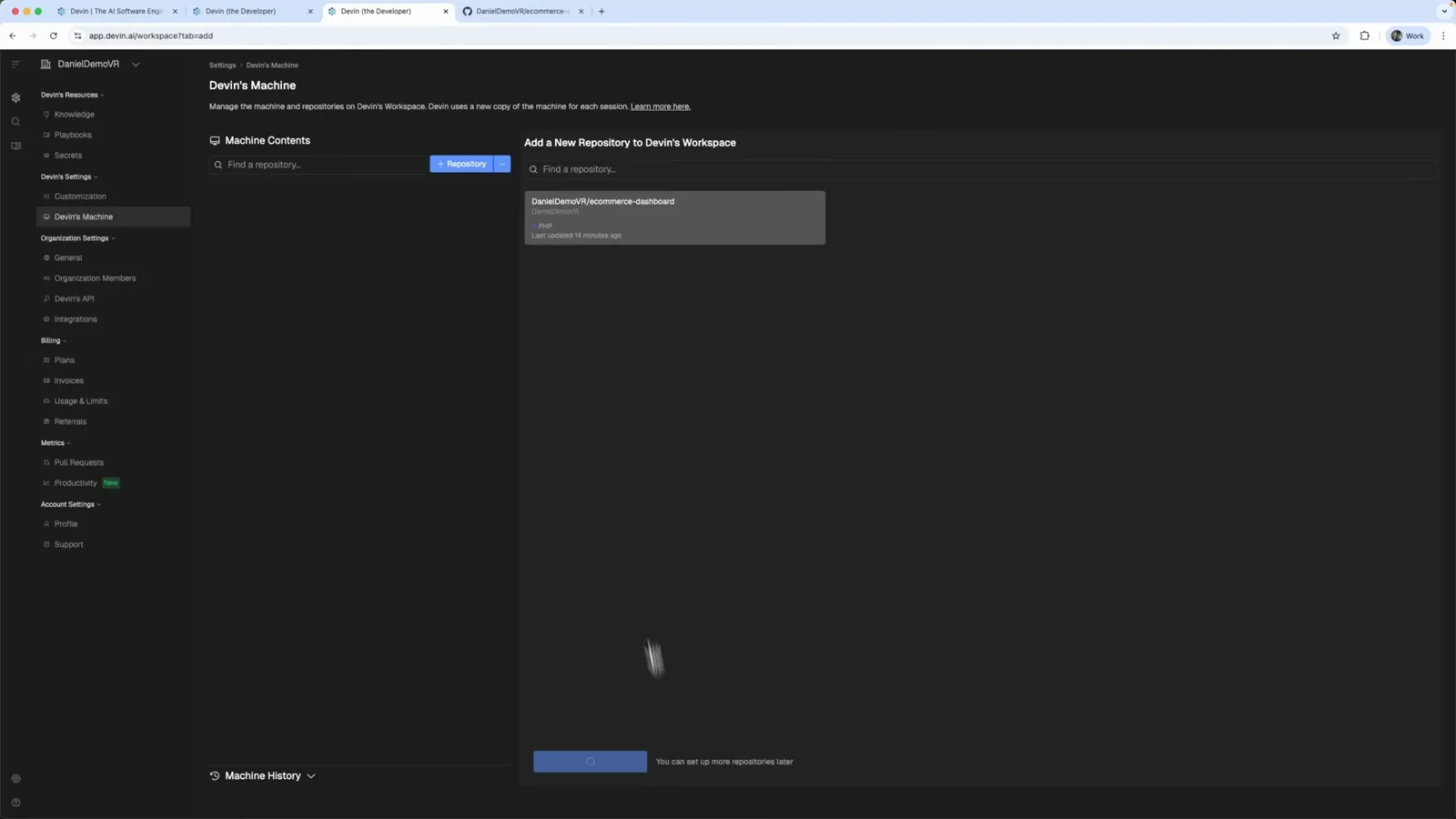 Devin's Machine settings page where the ecommerce-dashboard repository is added to Devin's workspace