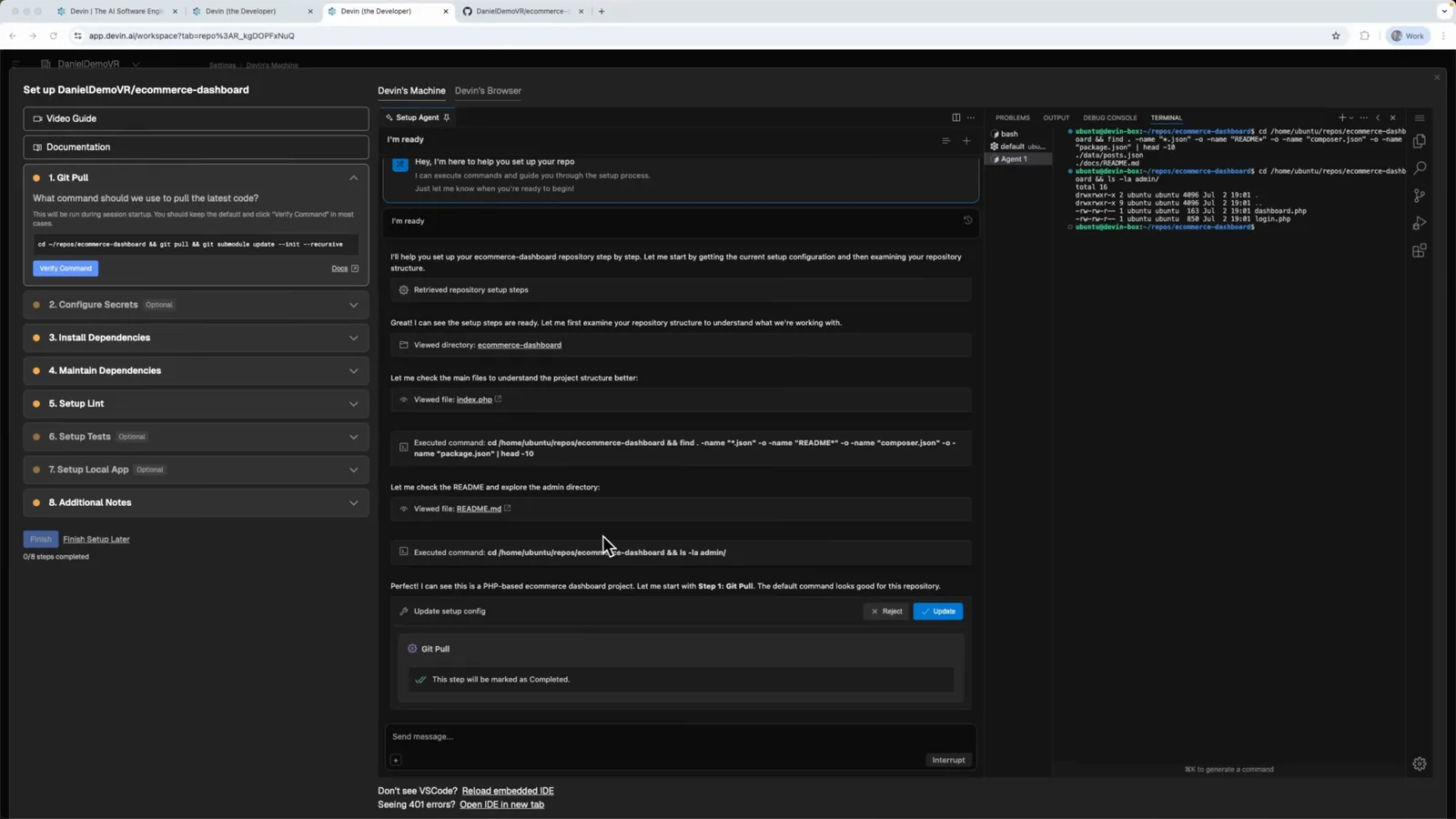 Devin's session running a Visual Studio Code window inside its Ubuntu virtual machine while the setup checklist completes