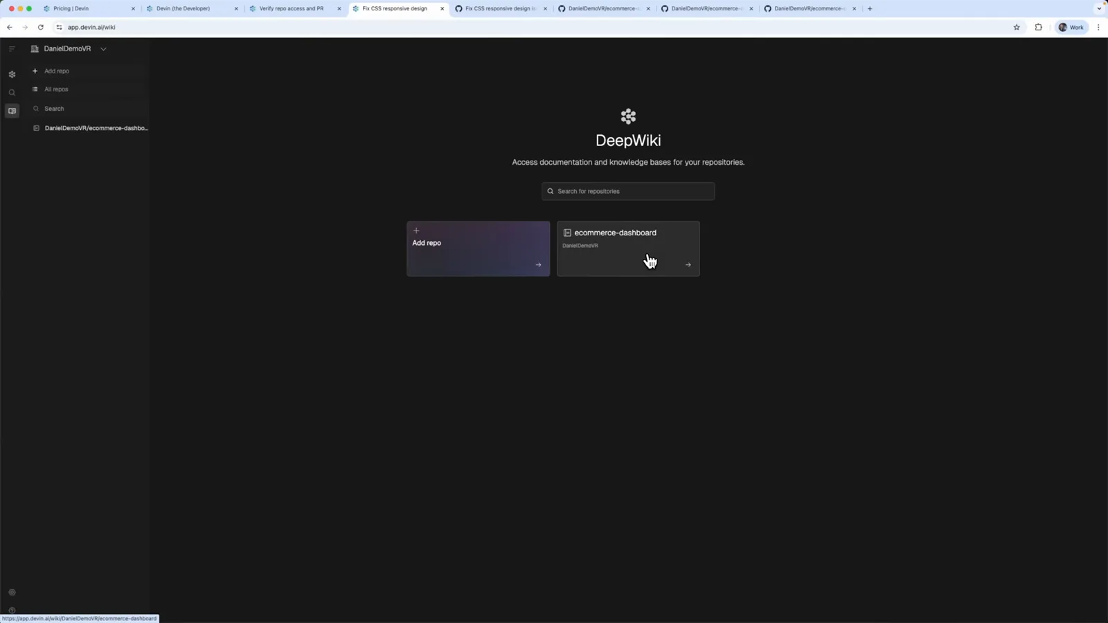 The DeepWiki home screen listing the ecommerce-dashboard repository card for generating documentation and knowledge bases