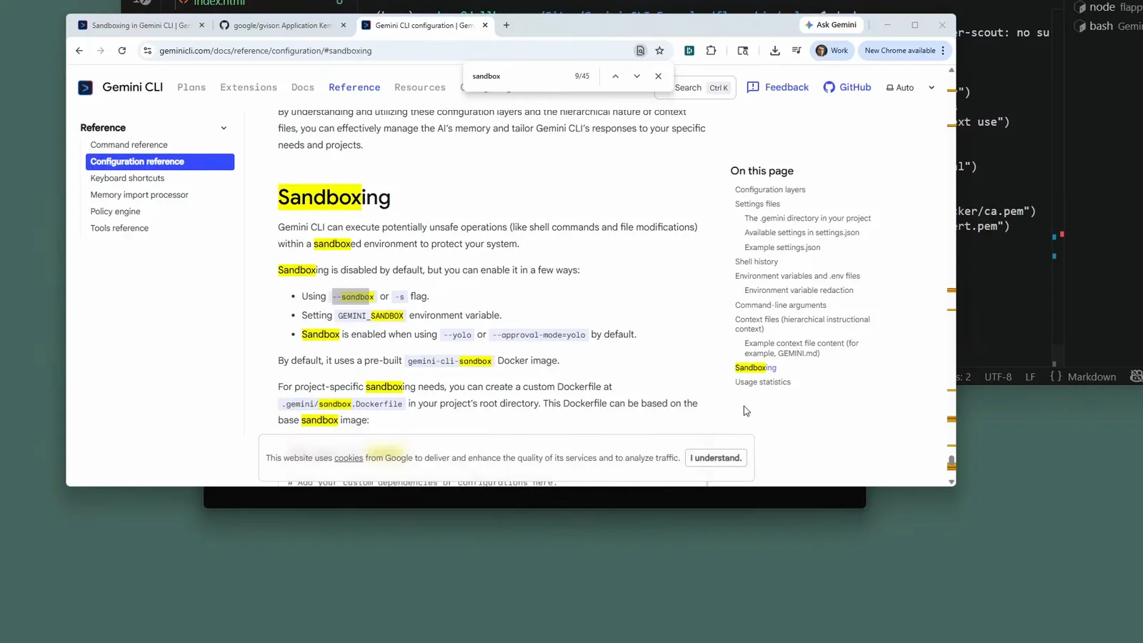 Official Gemini CLI documentation Sandboxing section listing the three ways to enable the sandbox: the -s flag, the GEMINI_SANDBOX environment variable, or the sandbox setting in settings.json