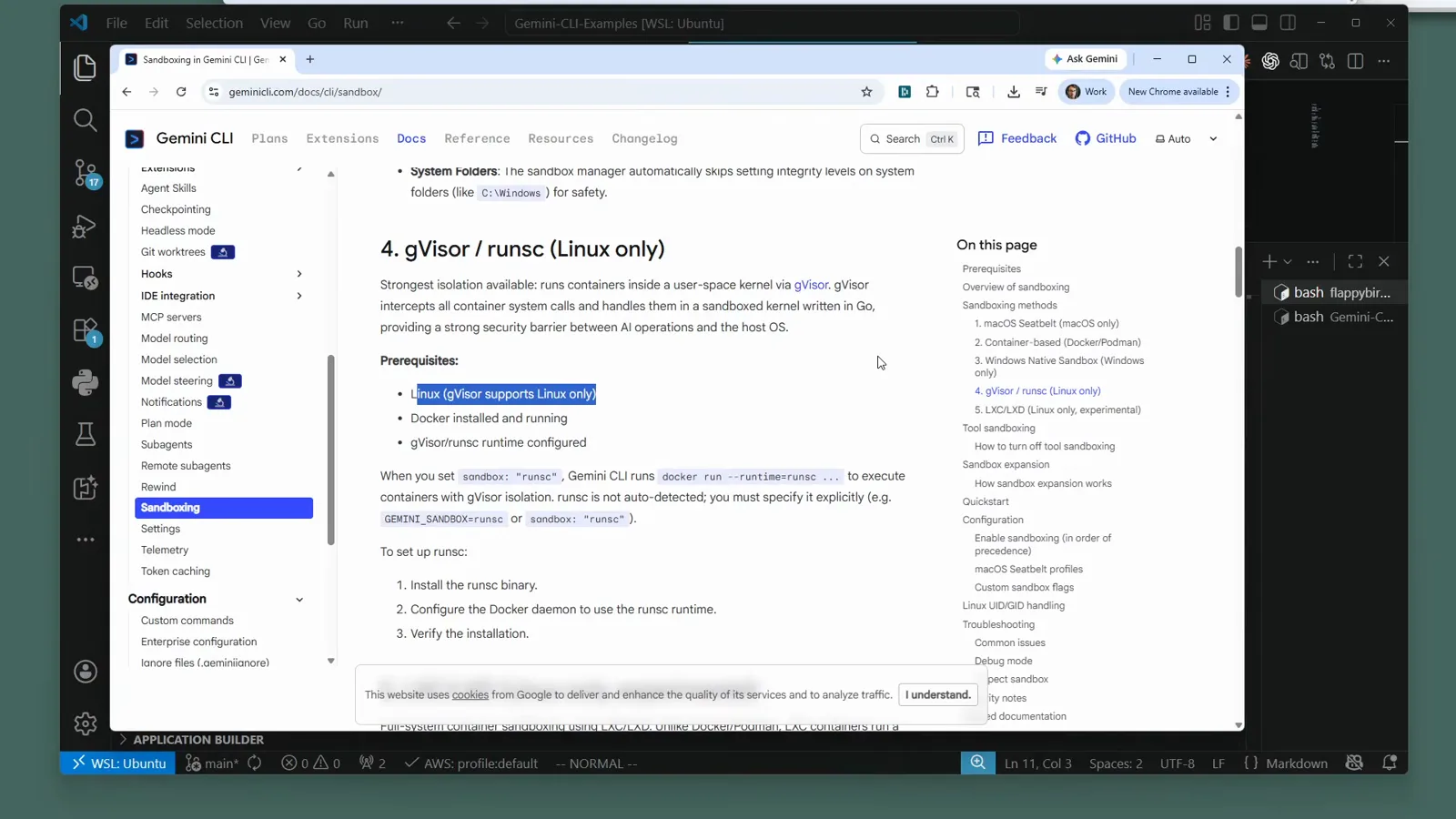 Gemini CLI documentation page for the gVisor runsc sandbox backend, the strongest Linux-only isolation that runs containers inside a user-space kernel
