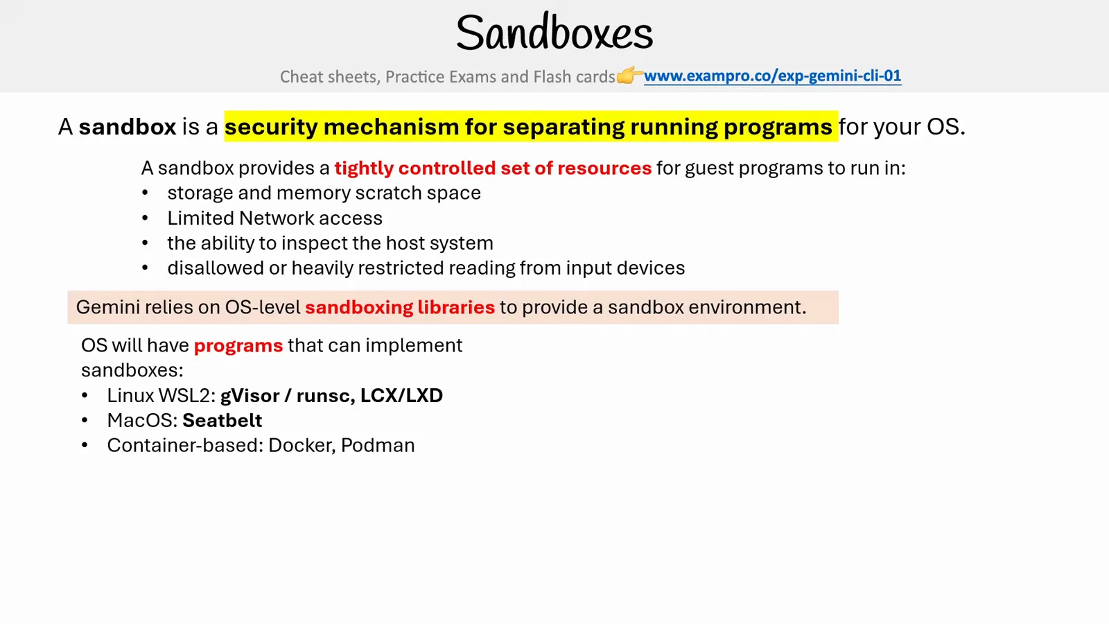 Course slide explaining that Gemini CLI sandboxing relies on OS-level sandboxing libraries — gVisor and runsc or LXC/LXD on Linux WSL2, Seatbelt on macOS, and Docker or Podman containers