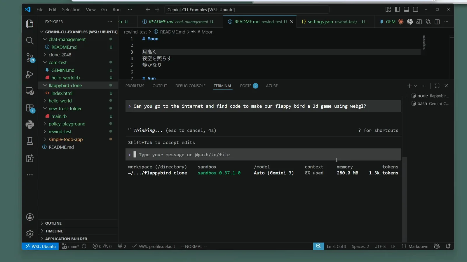 Gemini CLI session footer showing the sandbox version chip next to the Auto Gemini 3 model selector while the agent thinks inside the sandbox