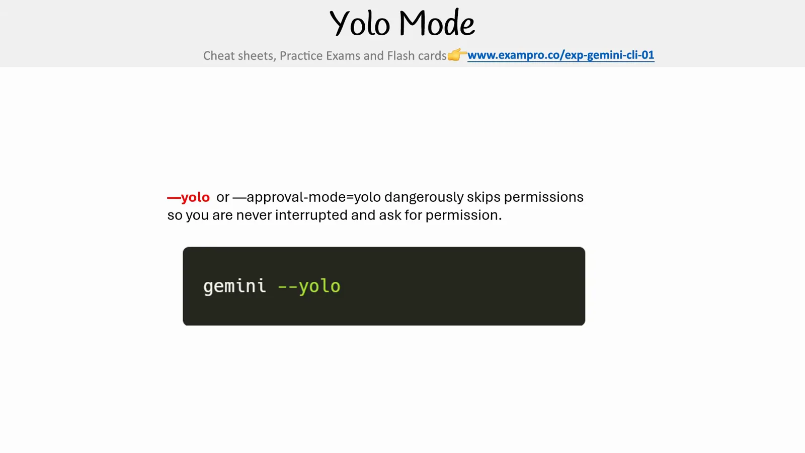 Slide introducing Gemini CLI YOLO mode where the --yolo or --approval-mode=yolo flag dangerously skips every permission prompt