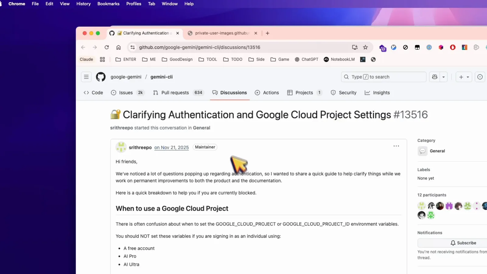 google-gemini gemini-cli GitHub discussion 13516 on Clarifying Authentication and Google Cloud Project Settings explaining when NOT to set GOOGLE_CLOUD_PROJECT for free AI Pro and AI Ultra accounts google-gemini gemini-cli GitHub discussion 13516 on Clarifying Authentication and Google Cloud Project Settings explaining when NOT to set GOOGLE_CLOUD_PROJECT for free AI Pro and AI Ultra accounts