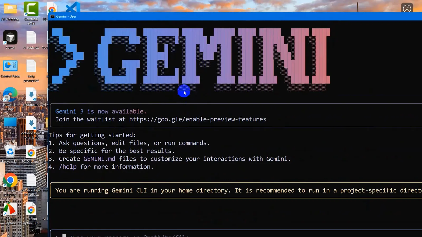 Gemini CLI ASCII banner launching successfully in Windows Command Prompt with Gemini 3 is now available, four getting-started tips and the home-directory recommendation Gemini CLI ASCII banner launching successfully in Windows Command Prompt with Gemini 3 is now available, four getting-started tips and the home-directory recommendation