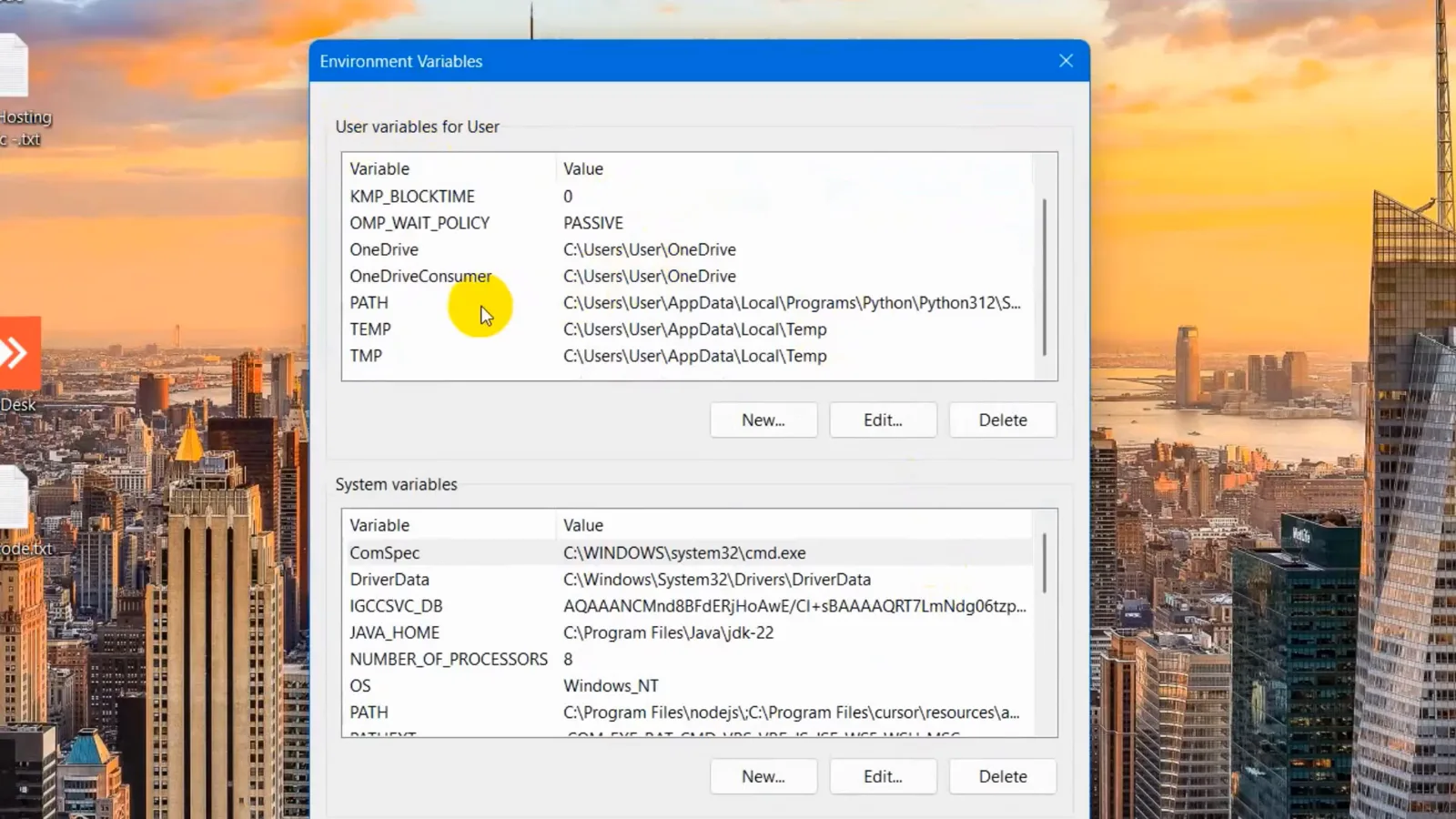 Windows Environment Variables dialog with User variables for User, the cursor on the PATH row and System variables below, before adding the npm global folder Windows Environment Variables dialog with User variables for User, the cursor on the PATH row and System variables below, before adding the npm global folder