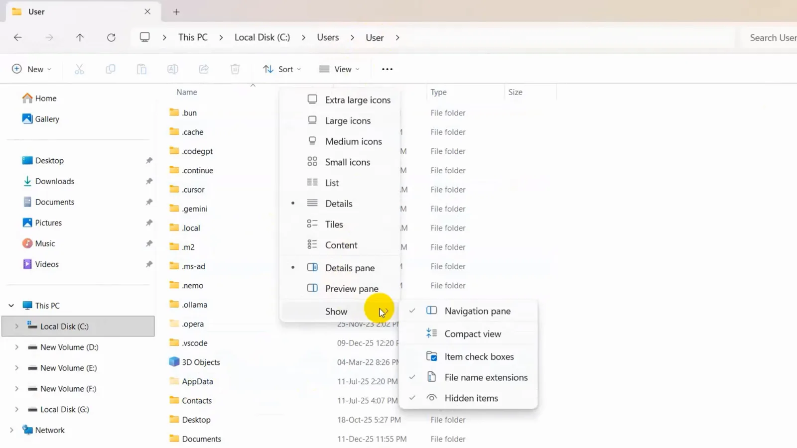 Windows 11 File Explorer View > Show menu with Hidden items checked so the AppData folder appears under C:\Users\User Windows 11 File Explorer View > Show menu with Hidden items checked so the AppData folder appears under C:\Users\User