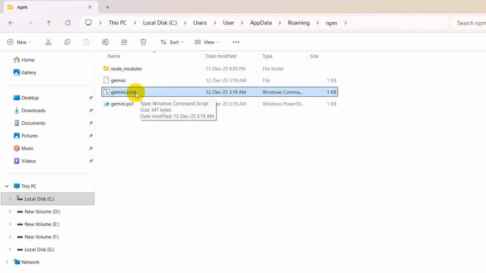 File Explorer inside AppData\Roaming\npm with the gemini.cmd Windows Command Script selected, proving Gemini CLI is installed but missing from PATH File Explorer inside AppData\Roaming\npm with the gemini.cmd Windows Command Script selected, proving Gemini CLI is installed but missing from PATH