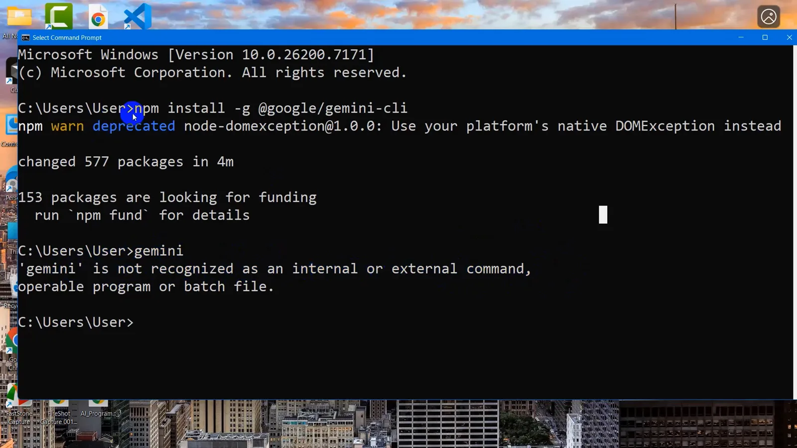 Windows Command Prompt where npm install -g @google/gemini-cli finished with 577 packages and then gemini returns 'gemini' is not recognized as an internal or external command Windows Command Prompt where npm install -g @google/gemini-cli finished with 577 packages and then gemini returns 'gemini' is not recognized as an internal or external command