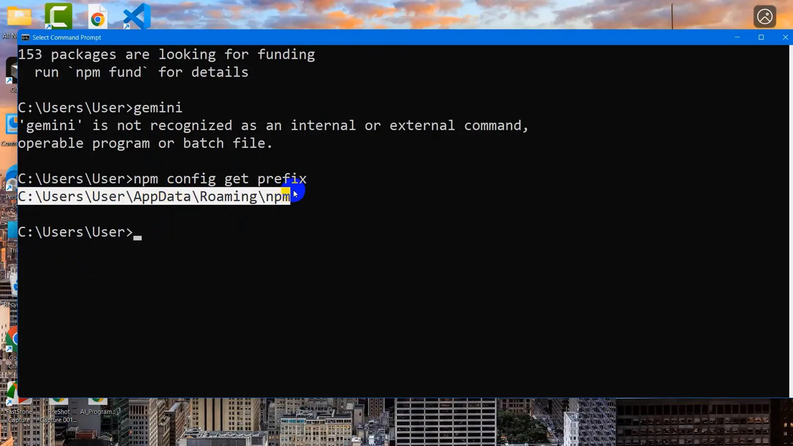 Command Prompt running npm config get prefix and printing C:\Users\User\AppData\Roaming\npm as the folder holding the gemini launcher Command Prompt running npm config get prefix and printing C:\Users\User\AppData\Roaming\npm as the folder holding the gemini launcher