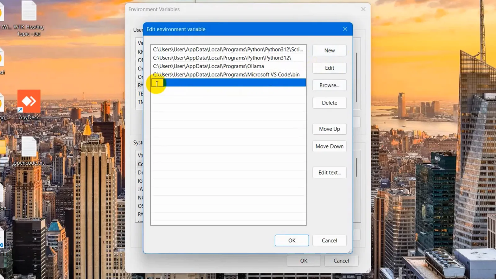 Edit environment variable dialog for PATH with an empty new entry selected below the Python, Ollama and VS Code folders, ready for the npm global folder Edit environment variable dialog for PATH with an empty new entry selected below the Python, Ollama and VS Code folders, ready for the npm global folder