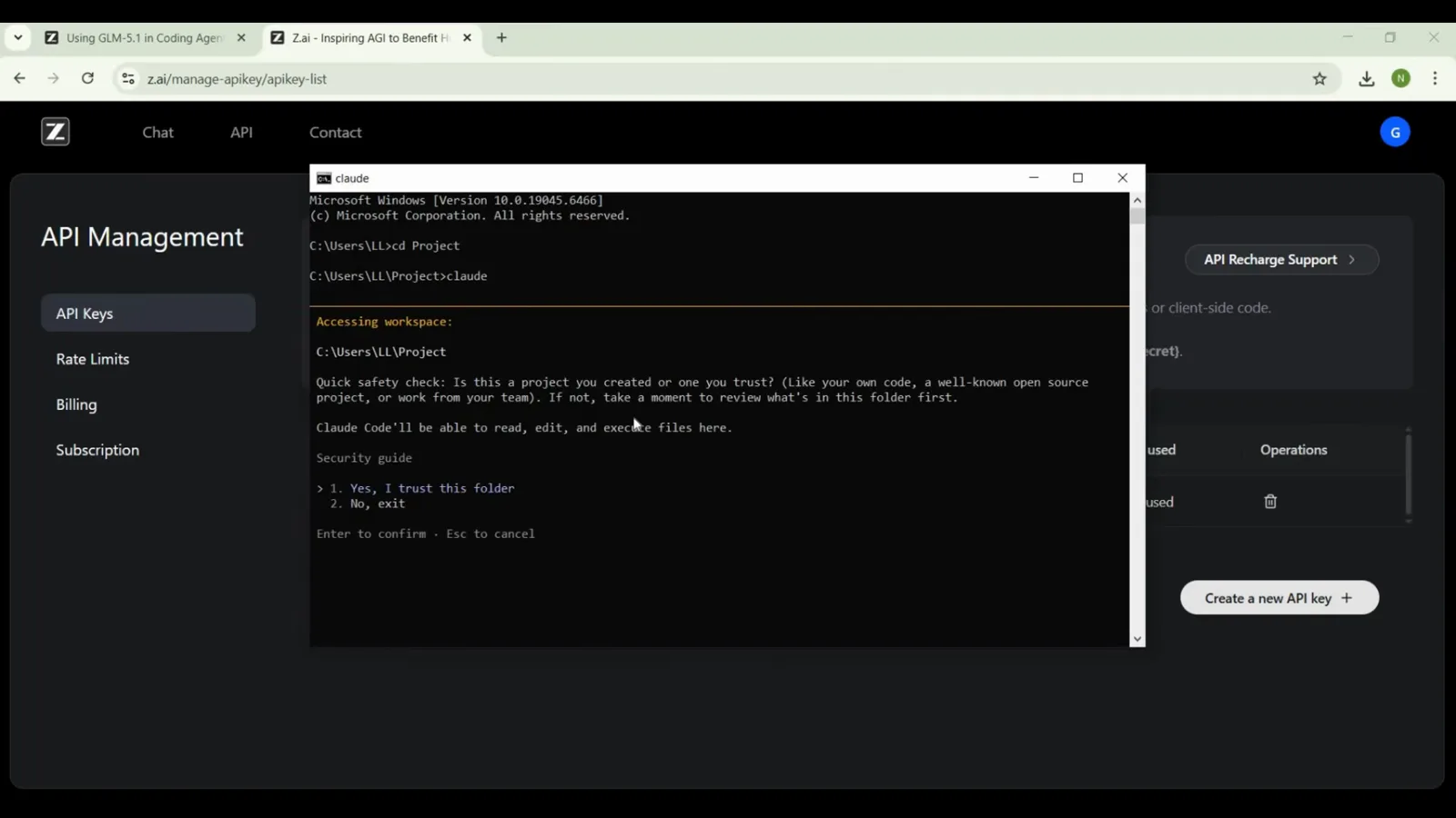 Claude Code welcome banner in the terminal showing the GLM model in use with API Usage Billing mode after the settings change