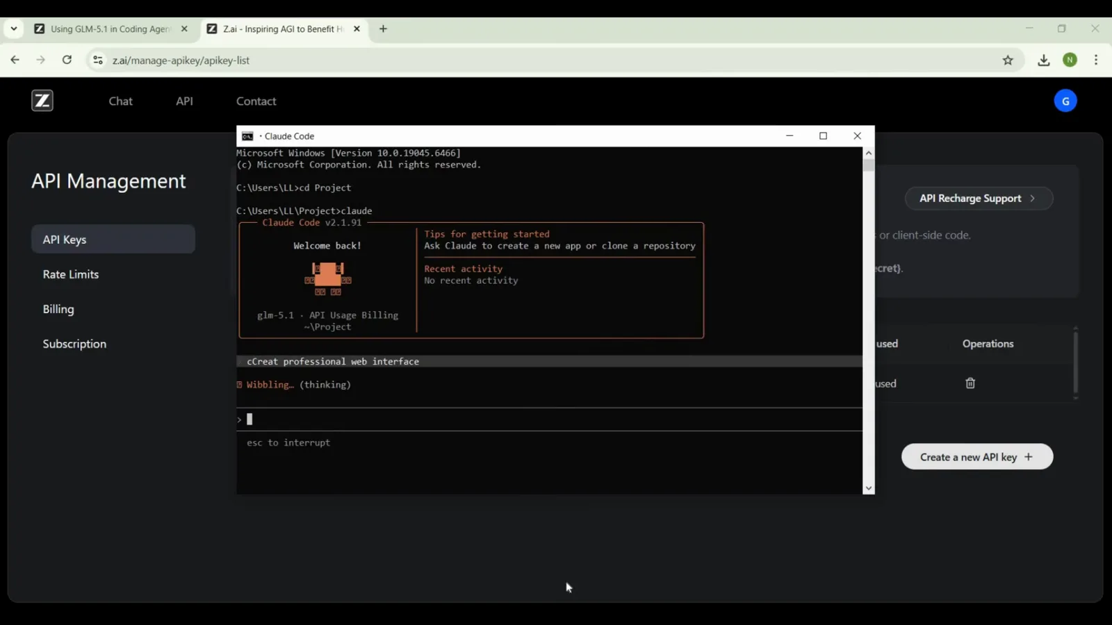Claude Code starting a create a professional web interface request on the GLM model with the Pouncing working indicator visible