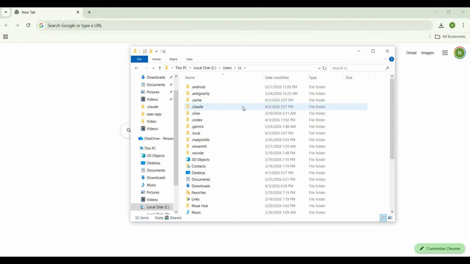 Windows File Explorer highlighting the .claude folder inside the user profile where Claude Code stores its settings.json