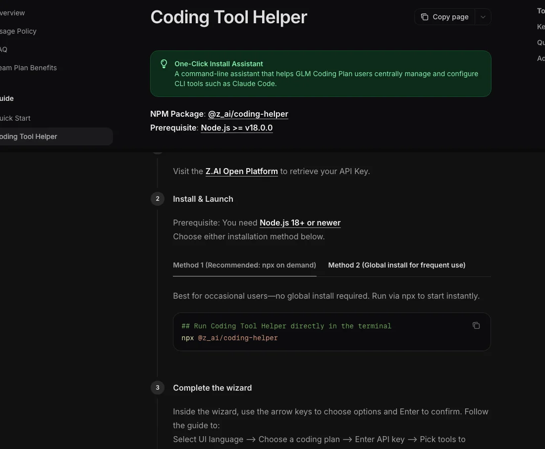 z.ai Coding Tool Helper documentation showing the npx @z_ai/coding-helper command and the wizard flow that loads the GLM Coding Plan into coding tools