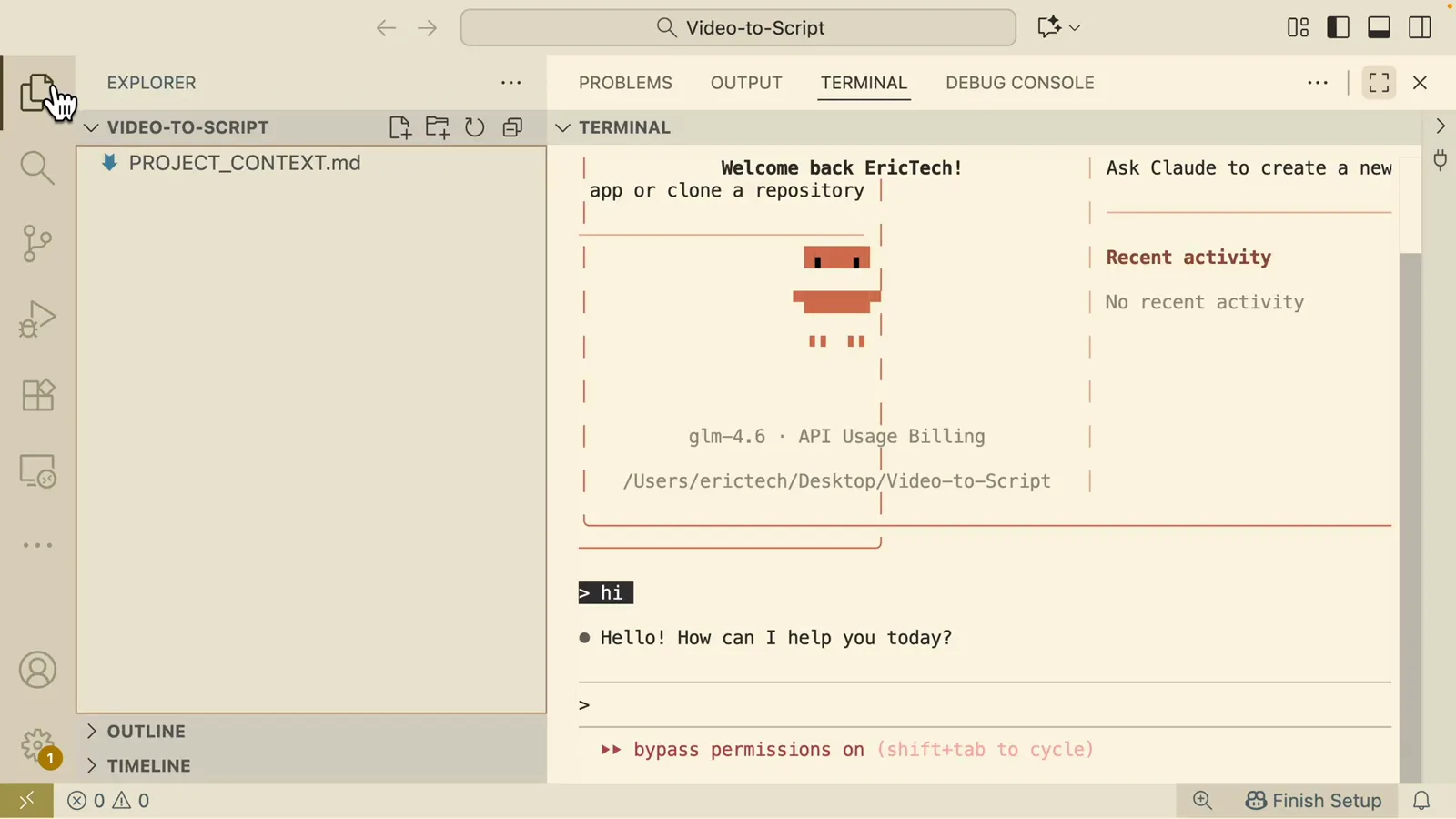 Claude Code answering a simple hi prompt through the GLM model while bypass-permissions mode stays enabled