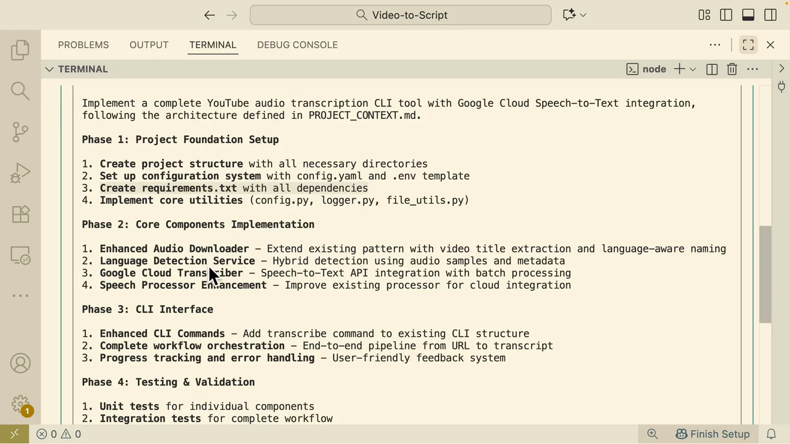 GLM implementation plan inside Claude Code listing four phases from project foundation setup to integration testing for a transcription CLI