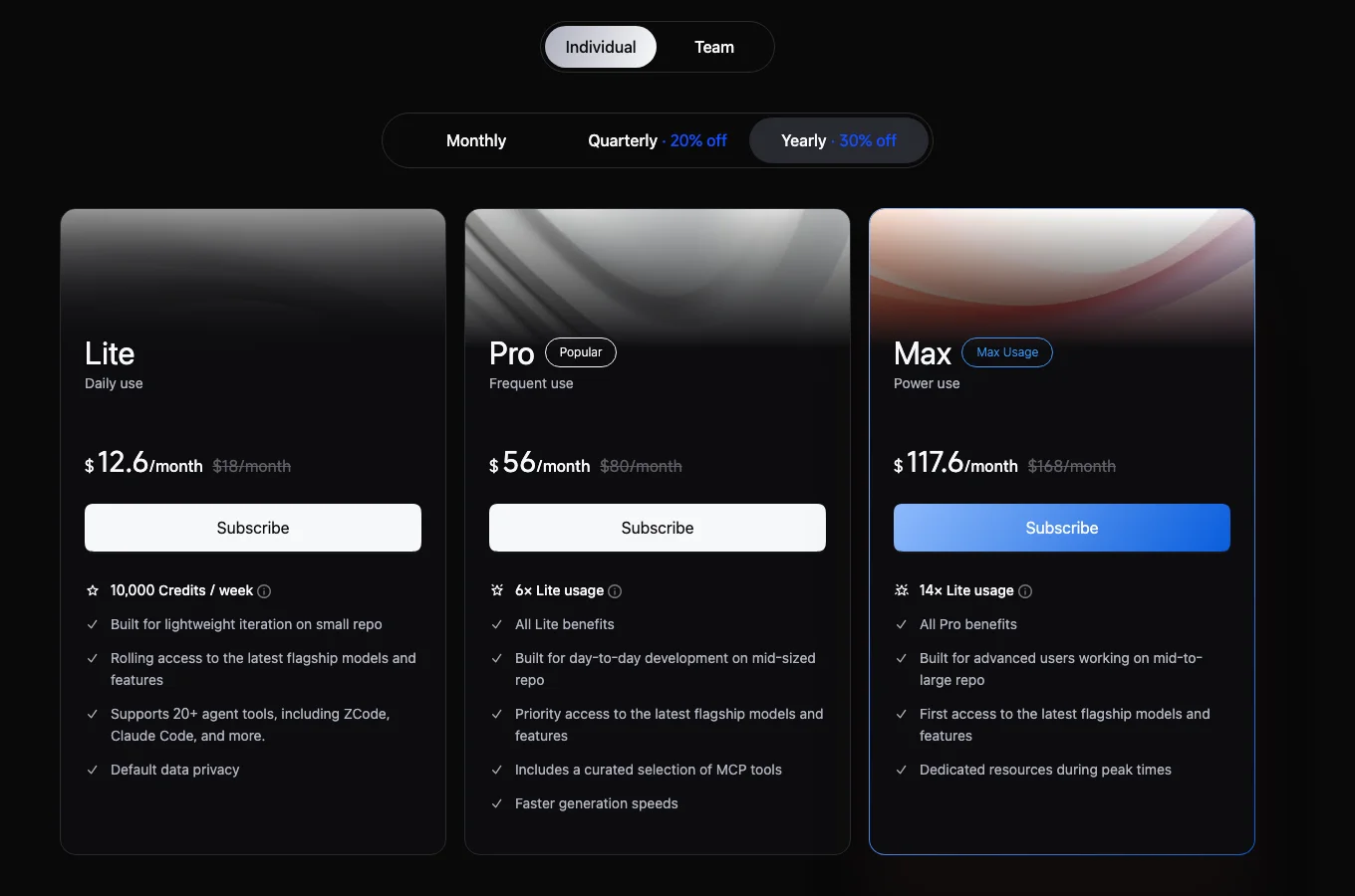 GLM Coding Plan pricing page showing Lite at 12.6 dollars per month with 10,000 weekly credits, Pro at 56 dollars, and Max at 117.6 dollars on yearly billing