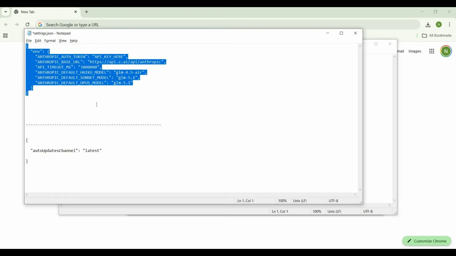Claude Code settings.json opened in Notepad with the GLM env block holding the ANTHROPIC_BASE_URL and ANTHROPIC_AUTH_TOKEN values