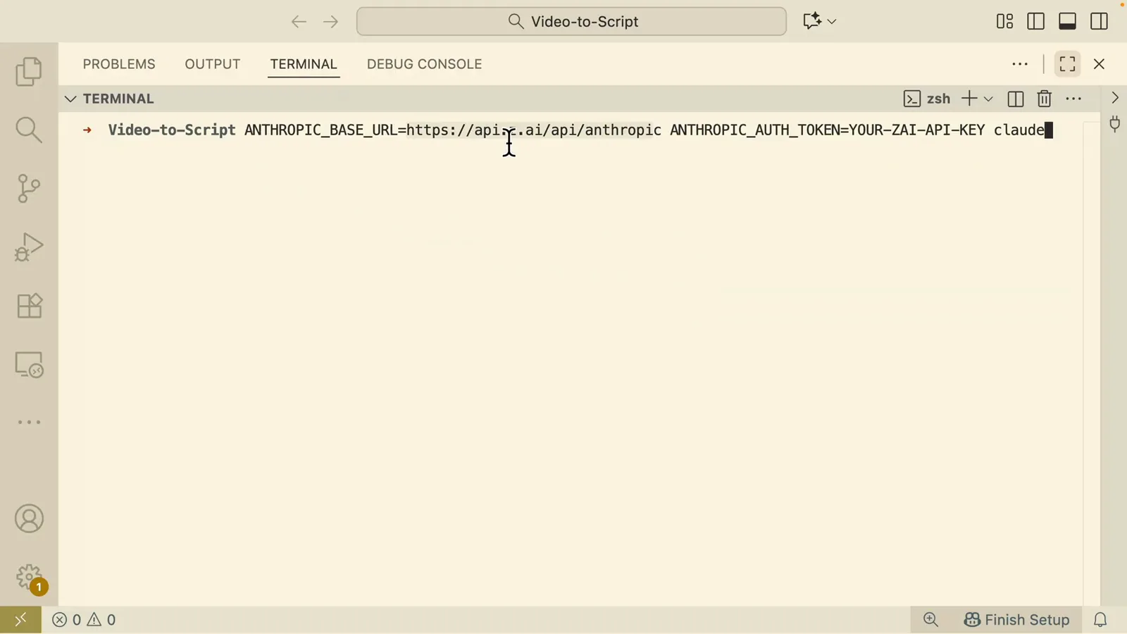 Terminal launching Claude Code with ANTHROPIC_BASE_URL pointed at the z.ai Anthropic endpoint and an ANTHROPIC_AUTH_TOKEN set inline