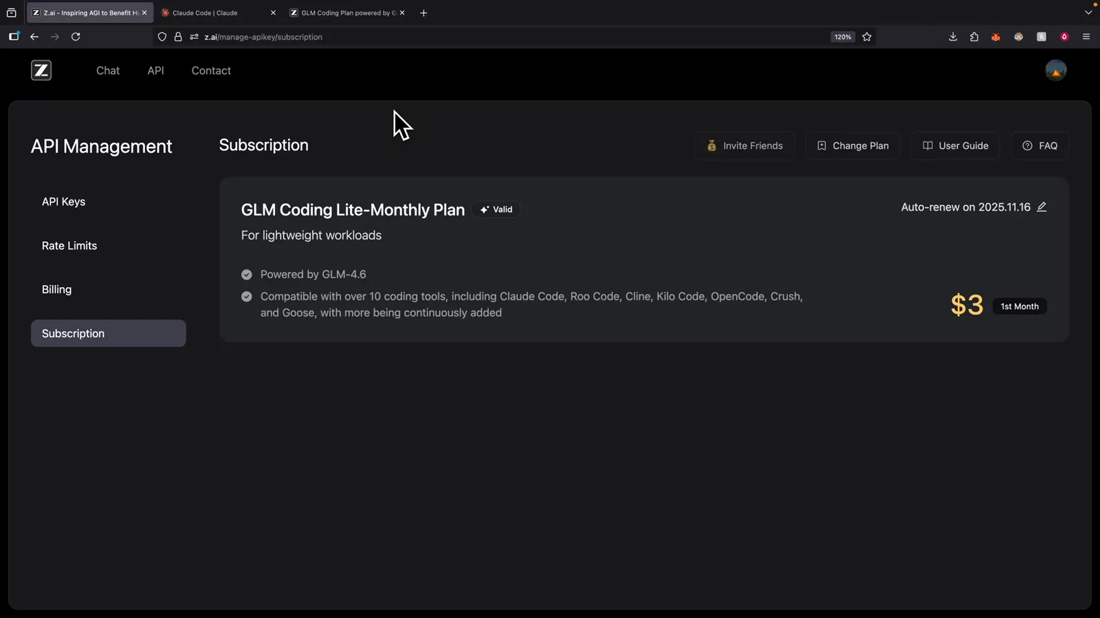 z.ai console Subscription page showing an active GLM Coding Lite-Monthly plan with its auto-renew date and the coding tools it covers
