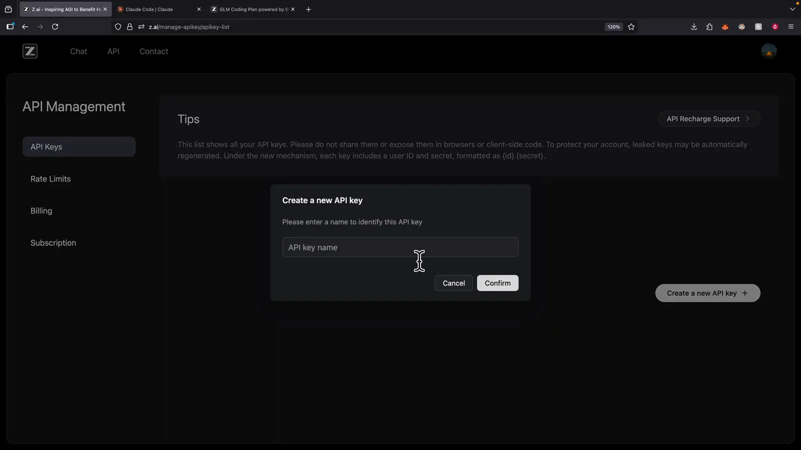 Create new API key dialog on the z.ai API Management page where a custom key name is typed before confirming